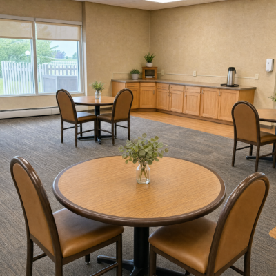 A spacious room with large windows, beige walls, and a carpeted floor, featuring three round tables with chairs, a small potted plant on each table, and a wooden cabinet with a plant and a coffee pot against the wall.