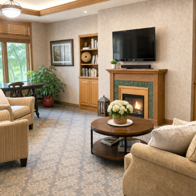 A cozy living room with beige upholstered armchairs and a sofa arranged around a round wooden coffee table with a vase of white flowers. There is a fireplace with a green tile surround and a flat-screen TV mounted above it. A built-in wooden bookshelf and a large window with blinds letting in natural light are also visible.