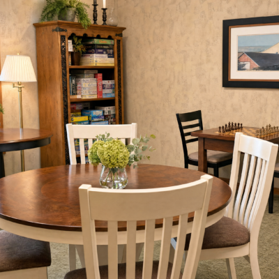 A cozy room with a round wooden table surrounded by four chairs, one white and three black; a vase with green hydrangeas on the table. In the background, a tall wooden bookshelf filled with books, a framed landscape picture on the wall, and a small side table with a lamp.