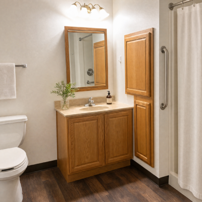 Bathroom with a wooden vanity and mirror, a potted plant on the sink, a towel bar next to the toilet, a tall cabinet beside the vanity, and a white shower curtain on the right.